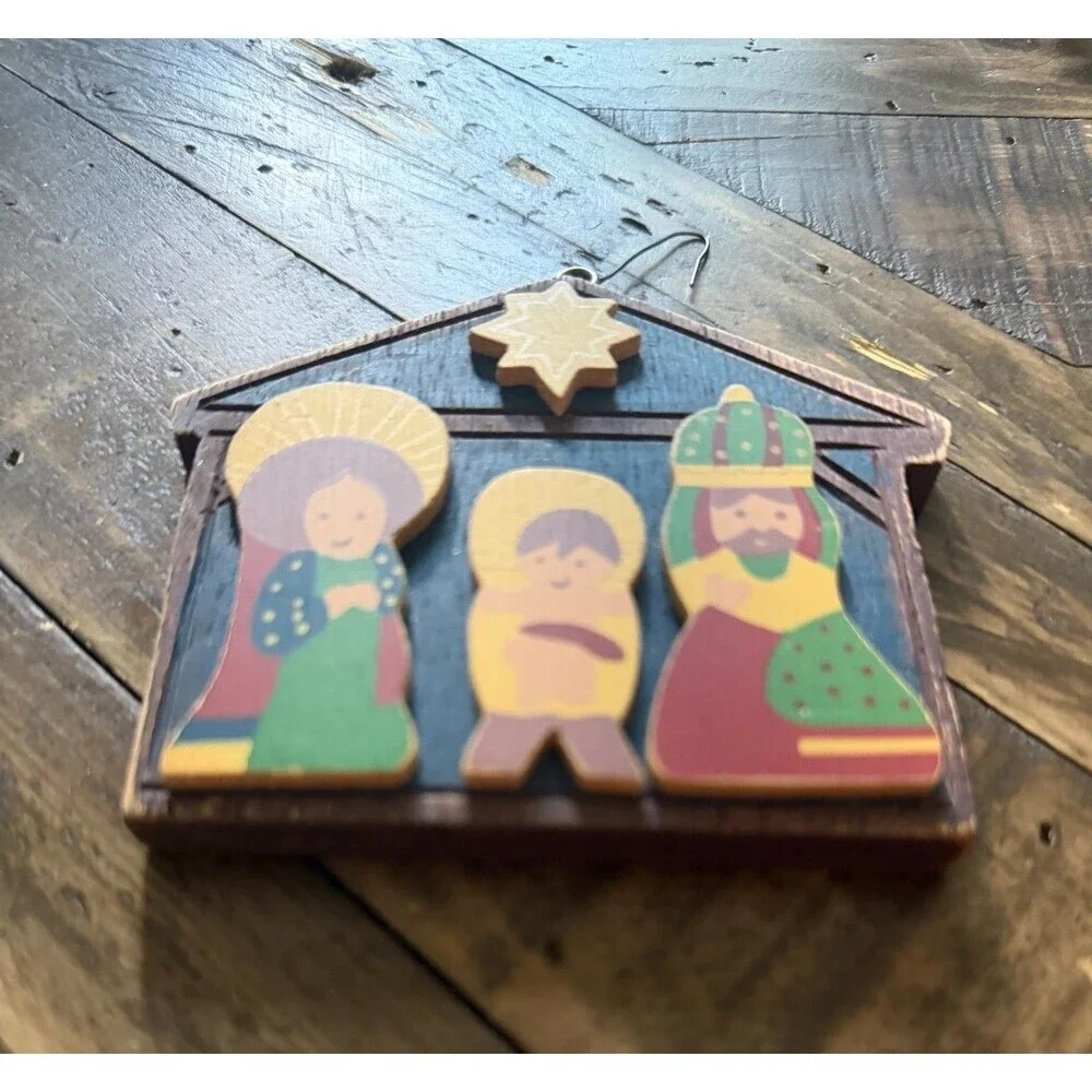 Vintage Wooden Nativity Scene Manger Christmas Ornament 80s Colorful 3.5X3.5
